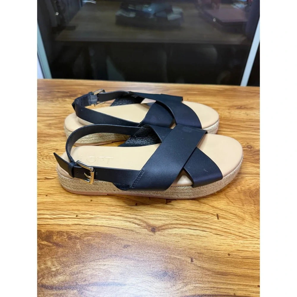 Loft Women's Black Leather‎ Crisscross Espadrille Platform Sandals Size 6.5M